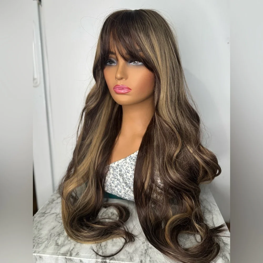 Long Layered Brunette Wig with Honey Blonde Highlights | Soft Waves